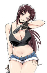  black_lagoon black_tank_top breasts brown_eyes brown_hair cigarette commentary crop_top denim denim_shorts female fingerless_gloves gloves gun handgun large_breasts long_hair looking_at_viewer midriff navel no_tattoo ponytail relaxjon revy_(black_lagoon) short_shorts shorts simple_background solo tank_top thick_thighs thighs weapon white_background 