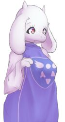  anthro boss_monster_(undertale) bovid breasts bunnag caprine clothed clothing digital_media_(artwork) dress eyelashes female fur hi_res horn mammal purple_clothing purple_dress red_eyes shaded simple_background solo standing toriel undertale undertale_(series) white_background white_body white_fur 