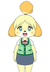  animal_crossing anthro arms_at_sides arms_by_side blue_eyes blush bottomwear bow_tie bunnag canid canine canis clothed clothing digital_media_(artwork) domestic_dog female fully_clothed fur isabelle_(animal_crossing) legs_together looking_at_viewer mammal monotone_bottomwear monotone_clothing monotone_skirt nintendo open_mouth pencil_skirt shih_tzu simple_background skirt solo standing straight_arms straight_legs string_bow string_bow_tie tied_string toy_dog white_background yellow_body yellow_fur 