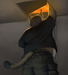  anthro ass belly brown_body brown_fur brown_hair climbing clothed clothing felid feline fur furgonomics hair inside ladder lynx male mammal overweight overweight_anthro overweight_male solo sugarboy tach_(tach0012) tail tail_clothing weight_gain 