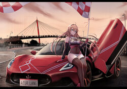  absurdres ahoge alternate_costume anchor_print aqua_eyes arm_support asymmetrical_bikini asymmetrical_clothes asymmetrical_shirt azur_lane bandeau bare_shoulders bikini black_sleeves bodystocking breast_cutout breasts bridge brown_hair brown_thighhighs car character_name checkered_bandeau checkered_bikini checkered_clothes checkered_flag cleavage closed_mouth clothes_writing cloud commentary copyright_name country_connection covered_navel detached_sleeves dusk elbow_gloves eyelashes female flag floating_hair full_body gloves hair_between_eyes hair_intakes halterneck high_heels highres holding holding_flag impero_(azur_lane) italy kcar66t lamppost large_breasts license_plate linea_alba long_hair looking_at_viewer marina maserati maserati_mc20 motor_vehicle multi-strapped_bikini outdoors parted_lips pedestrian_bridge pescara pole ponte_del_mare race_queen real_world_location red_footwear red_gloves road sardegna_empire_(emblem) see-through see-through_cleavage shiny_clothes sidelocks sitting sitting_on_car skindentation solo sports_car street swimsuit thighhighs thighs thong twintails two-tone_bikini very_long_hair white_bandeau white_bikini wind wind_lift 