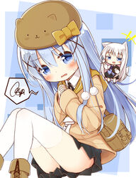  +++ 2girls animal_ears animal_hat ayanepuna bag beret black_panties black_ribbon black_skirt blue_eyes blue_hair blue_vest blush boots bow brown_bow brown_footwear brown_headwear brown_jacket chibi collared_shirt colored_eyelashes commentary_request cosplay costume_switch cross-laced_footwear dog_ears dog_girl dog_hat dog_tail fake_animal_ears gochuumon_wa_usagi_desu_ka? hair_between_eyes hair_ornament hat hat_bow highres jacket kafuu_chino kafuu_chino_(cosplay) kneehighs lace-up_boots long_hair long_sleeves mini_person minigirl multiple_girls neck_ribbon original panties pleated_skirt rabbit_house_uniform ribbon shio_(ayanepuna) shio_(ayanepuna)_(cosplay) shirt shoulder_bag skirt socks spoken_squiggle squiggle sweat tail thighhighs underwear uniform very_long_hair vest waitress white_hair white_legwear white_shirt x_hair_ornament 