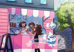  3girls antenna_hair bare_arms black_vest blush brown_hair casteliacone day elizabeth_(tomas21) frills hand_up heart highres hilda_(pokemon) holding jar kneepits looking_up multiple_girls open_mouth outdoors pokemon pokemon_(creature) pokemon_bw poster_(object) short_shorts short_sleeves shorts smile standing tongue tree vanillish vanillite vest waitress_(pokemon) 