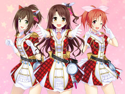  3girls :d ;d abe_nana across_the_stars_(idolmaster) animal_ears belt brown_eyes brown_hair cat_ears clock commentary_request dress epaulettes feather_hair_ornament feathers gloves hair_ornament idolmaster idolmaster_cinderella_girls idolmaster_cinderella_girls_starlight_stage ihara_asta long_hair maekawa_miku multiple_girls one_eye_closed one_side_up open_mouth photoshop_(medium) plaid plaid_dress ponytail rabbit_ears revision shimamura_uzuki short_hair short_sleeves smile v white_gloves 