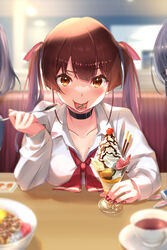  alternate_costume alternate_eye_color alternate_hair_color alternate_universe blurry blurry_foreground blush bra bra_visible_through_clothes breasts brown_eyes brown_hair cherry_stem_knot cleavage collarbone collared_shirt cup female food highres hololive houshou_marine ice_cream long_hair medium_breasts mole mole_on_breast neckerchief o-hako out_of_frame pov_across_table red_bra red_hair red_nails red_neckerchief shirt solo sundae teacup tongue tongue_out twintails underwear virtual_youtuber white_shirt 