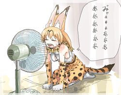  animal_ears bare_shoulders belt bow bowtie closed_eyes commentary elbow_gloves electric_fan extra_ears fan_speaking fanning_face fanning_self female full_body gloves high-waist_skirt i_love_serval kemono_friends leaning_forward medium_hair oekaki oerba_yun_fang open_mouth orange_hair print_bow print_bowtie print_gloves print_skirt print_thighhighs reflection reflective_floor seiza serval_(kemono_friends) serval_print shirt sitting skirt sleeveless sleeveless_shirt socks solo sweat tail thighhighs traditional_bowtie translated 