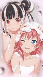  2girls absurdres bang_dream! bathing bathroom black_hair blue_eyes blush collarbone couple highres long_hair multicolored_hair multiple_girls nobusawa_osamu nyubara_reona one_eye_closed red_eyes red_hair same-sex_bathing shared_bathing smile soap_bubbles tamade_chiyu towel two-tone_hair washing_hair wet white_hair yuri 