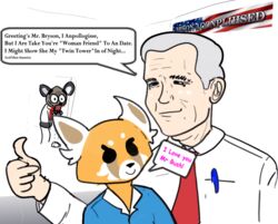  aggretsuko ailurid american_flag anthro cuckold dialogue english_text engrish female george_w._bush gesture group haida_(aggretsuko) hand_gesture human hyena male mammal red_panda retsuko sanrio spotted_hyena text thumbs_up trio united_states_of_america what 