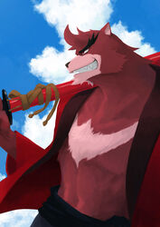  anthro bear bottomwear clothed clothing cloud gaoemon3 holding_melee_weapon holding_object holding_sword holding_weapon kumatetsu male mammal melee_weapon muscular muscular_anthro muscular_male open_clothing open_shirt open_topwear shirt sky solo sword the_boy_and_the_beast topwear weapon 