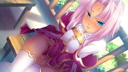  bent between_legs blue_eyes blush breasts center_opening cleavage covering_crotch covering_privates dark-skinned_female dark_skin dress facial_mark female forehead_mark game_cg hair_intakes hand_between_legs have_to_pee hikage_eiji koihime_musou looking_at_viewer navel no_panties outdoors pink_hair red_dress short_hair sitting solo sonken thighhighs thighs white_thighhighs 