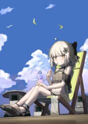  absurdres ahoge alternate_costume anklet arknights bare_shoulders bikini black_footwear blue_sky breasts brown_bikini feet female food grey_hair highres holding holding_food infection_monitor_(arknights) jewelry legs looking_at_viewer material_growth oripathy_lesion_(arknights) outdoors polyvora sandals scene_(arknights) shaved_ice short_hair sky small_breasts solo swimsuit toenails toes utensil_in_mouth yellow_eyes 