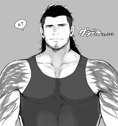  1boy bara bare_shoulders black_tank_top facial_hair final_fantasy final_fantasy_xv gladiolus_amicitia greyscale large_pectorals long_hair looking_at_viewer male_focus monochrome muscular muscular_male nabana_(bnnbnn) pectoral_cleavage pectorals scar scar_on_face shoulder_tattoo sidepec solo stubble tank_top tattoo translated 