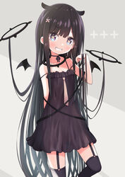  +_+ arm_behind_back black_dress black_hair black_thighhighs blue_eyes blush commentary_request detached_wings dress female frills garter_straps grin hair_flowing_over hair_ornament hand_up long_hair looking_at_viewer multicolored_eyes original parted_lips purple_eyes siragagaga smile solo standing teeth thighhighs very_long_hair wings x_hair_ornament 