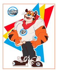  2020 anthro blue_nose border countershading felid frosted_flakes fur hi_res jaygo kellogg&#039;s male mammal mascot muscular muscular_anthro pantherine simple_background solo stripes tiger tony_the_tiger white_border 