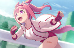  animal_ears bandaid bandaid_on_leg bow buruma clenched_hands female fingerless_gloves gloves gym_uniform hair_intakes hairbow haru_urara_(umamusume) headband horse_ears horse_girl horse_tail jacket leaning_forward long_hair open_mouth outdoors pink_eyes pink_hair ponytail red_buruma red_gloves ribbon running shirt smile solo tail thighs tokumaro track_jacket umamusume white_jacket white_shirt 