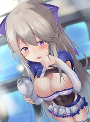  alternate_costume azur_lane blurry blurry_background bottle breasts casablanca_(azur_lane) casablanca_(cheer_squad_on_break)_(azur_lane) cheerleader cleavage commentary_request detached_sleeves female grey_hair highres large_breasts long_hair navel pool purple_eyes solo sweat thighhighs tonchinkan water_bottle 