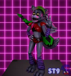  2022 3d_(artwork) animatronic anthro bracelet canid canine canis collar colored_nails digital_media_(artwork) ear_piercing feet female fingernails five_nights_at_freddy&#039;s five_nights_at_freddy&#039;s:_security_breach gesture green_fingernails green_hair green_nails hair hand_gesture hand_on_hip jewelry lipstick machine makeup mammal multicolored_hair nails open_mouth piercing purple_lipstick purple_nails purple_toenails robot roxanne_wolf scottgames sharp_teeth simplextree9 solo steel_wool_studios teeth toenails toes tongue v_sign white_hair wolf yellow_eyes 