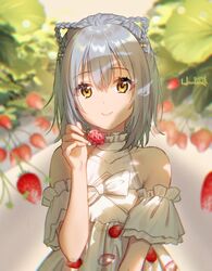  bare_shoulders blurry blurry_background bow braid brown_eyes chinese_commentary closed_mouth collarbone commentary_request covered_collarbone depth_of_field dress female food food_print fruit grey_hair hair_between_eyes haneru haori_haruki highres himitsu_no_jugyou holding holding_food original print_dress signature sleeveless sleeveless_dress smile solo strawberry strawberry_print upper_body white_bow white_dress 