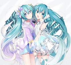  2girls :o agonasubi aqua_eyes aqua_hair bare_shoulders blue_eyes blue_skirt bow commentary detached_sleeves digital_stars digital_stars_miku digital_stars_miku_(2021) dress dual_persona frilled_shirt frilled_skirt frills glowstick hair_ornament hairbow hatsune_miku hatsune_miku_expo headphones holding_hands jacket long_hair map_print microphone miniskirt multiple_girls open_mouth penlight_(glowstick) pleated_skirt purple_bow purple_jacket see-through see-through_dress see-through_sleeves shirt shoulder_tattoo side-by-side sideways_glance simple_background skirt smile star_(symbol) star_hair_ornament tattoo thighhighs twintails very_long_hair vocaloid white_background white_legwear white_shirt white_skirt 