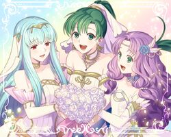  3girls alternate_costume blue_hair dress earrings fire_emblem fire_emblem:_the_blazing_blade fire_emblem_heroes florina_(fire_emblem) flower green_eyes green_hair hair_flower hair_ornament jewelry kori_kms light_blue_hair long_hair looking_at_viewer lyn_(bridal)_(fire_emblem) lyn_(fire_emblem) multiple_girls necklace ninian_(bridal)_(fire_emblem) ninian_(fire_emblem) ponytail purple_hair red_eyes smile wedding_dress white_flower 