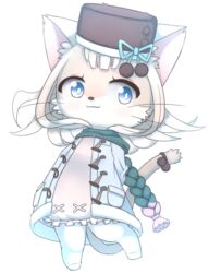  anthro blue_eyes braided_hair bunnag cat_busters clothed clothing coat digital_media_(artwork) domestic_cat felid feline felis female hair hands_behind_back hat headgear headwear hi_res mammal melia_(cat_busters) shaded simple_background solo standing topwear white_background 