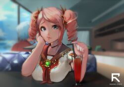  2girls absurdres artist_name blue_eyes breasts counter-strike counter-strike_(series) counter-strike_online cup drill_hair drinking_straw hair_behind_ear hand_on_own_face highres ishmael_(counter-strike_online) looking_at_viewer medium_breasts multiple_girls pink_hair pov_dating reborns rose_phoenix sailor_collar smile solo_focus twin_drills 