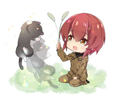  86_-eightysix- afterimage black_cat brown_eyes brown_jacket brown_pants cat_teaser chibi commentary_request feline female hood hooded_jacket jacket jumping kurena_kukumila military military_uniform official_art open_mouth pants red_hair short_hair smile solo_focus sparkle takamura_masaya tp_(86_-eighty-six-) uniform white_background 