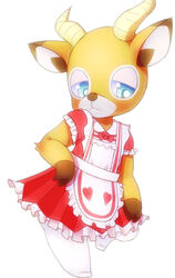  :&lt; animal_crossing antelope anthro beau_(animal_crossing) blue_eyes bovid bunnag clothed clothing crossdressing digital_media_(artwork) half-closed_eyes hi_res hooves horn maid_uniform male mammal narrowed_eyes nintendo on_one_leg shaded simple_background solo standing uniform white_background 