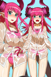  absurdres asymmetrical_horns bad_multiple_views bikini bikini_under_clothes blue_eyes blush breasts collared_shirt cropped_torso curled_horns dragon_girl dragon_horns dragon_tail dress_shirt elizabeth_bathory_(fate) elizabeth_bathory_(fate/extra_ccc) elizabeth_bathory_(sweet_room_dream)_(fate) fate/extra fate_(series) female finger_cots hair_ribbon highres horns hyperbudd long_hair long_sleeves looking_at_viewer multiple_views official_alternate_costume open_mouth pink_bikini pink_hair pointy_ears ribbon shirt small_breasts swimsuit tail thighs two_side_up uneven_horns wet wet_clothes white_shirt 