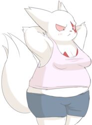  :&lt; anthro bell blush blush_lines bottomwear breasts bunnag clothed clothing digital_media_(artwork) female fur generation_3_pokemon hands_behind_head midriff nintendo overweight overweight_anthro overweight_female pink_sclera pokemon pokemon_(species) shaded shirt shorts simple_background solo standing tail tank_top topwear white_background white_body white_fur zangoose 