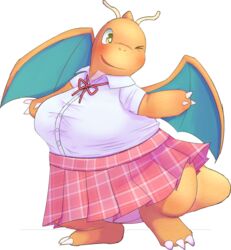  alpha_channel anthro big_breasts blush bottomwear breasts bunnag clothed clothing digital_media_(artwork) dragonite female generation_1_pokemon hi_res membrane_(anatomy) membranous_wings nintendo one_eye_closed orange_body orange_scales overweight overweight_anthro overweight_female pokemon pokemon_(species) scales school_uniform shaded shirt simple_background skirt solo standing tail_under_skirt tailbutt topwear uniform white_background white_clothing white_shirt white_topwear wings wink 