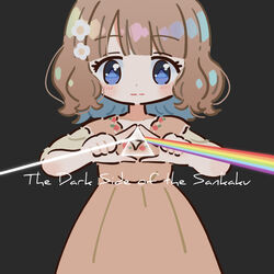  album_cover_redraw black_background blue_eyes brown_hair commentary_request dark_side_of_the_moon derivative_work female flower hair_flower hair_ornament idolmaster idolmaster_million_live! light_rays medium_hair mokume_rin parody pink_floyd prism rainbow short_hair solo suou_momoko triangle 