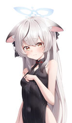  animal_ears bare_arms bare_shoulders black_dress blue_archive breasts brown_eyes closed_mouth commentary covered_navel diamond_cutout dress ears_down female halo highres ju-ok kokona_(blue_archive) long_hair looking_at_viewer multicolored_hair no_panties pelvic_curtain sleeveless sleeveless_dress small_breasts solo streaked_hair striped_clothes striped_dress tearing_up upper_body very_long_hair white_hair 