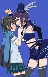  2girls adjusting_clothes asaka_karin black_hair blush collarbone earrings face-to-face fingerless_gloves garter_straps gloves gradient_hair green_hair hand_on_own_hip hat hat_feather highres jacket jacket_on_shoulders jewelry komesodo leaning love_live! love_live!_nijigasaki_high_school_idol_club mole mole_on_collarbone multicolored_hair multiple_girls multiple_moles nijigasaki_school_uniform purple_hair school_uniform shorts smile takasaki_yu thighhighs twintails vivid_world_(love_live!) wavy_mouth yuri 