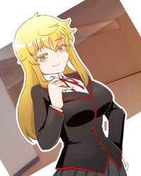  ahoge black_suit blonde_hair blouse breasts collared_shirt colored_eyelashes commentary_request curly_hair eyelashes female formal grey_skirt hair_between_eyes hallway hand_in_own_hair hand_on_own_chest hand_on_own_hip holy_maiden_academy_school_uniform indoors isabeau_de_baviere_(madoka_magica) jitome large_breasts long_sleeves magia_record:_mahou_shoujo_madoka_magica_gaiden mahou_shoujo_madoka_magica mahou_shoujo_tart_magica messy_hair office_lady official_alternate_costume pleated_skirt pocket red_ribbon ribbon ringed_eyes school_uniform shirt sidelocks skirt smile solo sonohi210 suit upper_body wavy_hair white_shirt yellow_eyes 