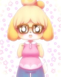  abstract_background animal_crossing anthro blush bottomwear bunnag canid canine canis clothed clothing digital_media_(artwork) domestic_dog eyewear female fully_clothed fur glasses hi_res isabelle_(animal_crossing) looking_at_viewer mammal nintendo open_mouth pants pink_clothing pink_shirt pink_topwear shaded shih_tzu shirt simple_background slightly_chubby solo topwear toy_dog yellow_body yellow_fur 