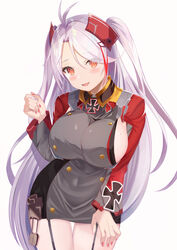  :d antenna_hair azur_lane blush breasts buttons collared_dress commentary cowboy_shot cross cross_print dress female garter_straps grey_dress hair_between_eyes hand_up highres iron_cross large_breasts leaning_forward long_hair long_sleeves looking_at_viewer mole mole_on_breast multicolored_hair nannann open_mouth prinz_eugen_(azur_lane) red_eyes red_hair red_nails red_sleeves sideboob sidelocks simple_background smile solo standing streaked_hair swept_bangs taut_clothes taut_dress thigh_gap two_side_up very_long_hair white_background white_hair 