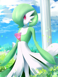  ambiguous_gender arms_out blue_sky chest_spike closed_smile clothing dress front_view gardevoir green_body green_clothing green_dress green_hair hair hair_over_eye horn humanoid leaf looking_at_viewer multicolored_body multicolored_clothing multicolored_dress nintendo on_model one_eye_obstructed outside pillar plant pok&eacute;mon_(species) pokemon pseudo_clothing red_eyes red_horn sana!rpg shrub sky smile smiling_at_viewer solo solo_focus spikes spikes_(anatomy) standing translucent translucent_horn two_tone_body two_tone_clothing two_tone_dress video_games walking white_body white_clothing white_dress 