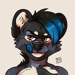  1:1 anthro blue_hair blue_tongue bonybones digital_media_(artwork) ears_up eyebrows fur grey_body grey_fur hair headshot_portrait hyena icon male mammal portrait signature simple_background slate_the_hyena solo spotted_hyena tongue white_body white_fur yellow_eyes 