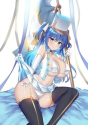  band_uniform black_thighhighs blue_eyes blue_hair blue_skirt bra breasts cleavage closed_mouth clothes_lift commentary_request covered_nipples crop_top female flag gakkou_de_seishun! garter_straps hair_ribbon hat highres holding holding_flag kanzaki_ayane large_breasts long_hair looking_at_viewer marching_band navel panties pleated_skirt ribbon sanshoku_amido shako_cap shiny_clothes shirt side-tie_panties sitting skirt skirt_lift smile solo thighhighs two-tone_skirt underboob underwear white_bra white_hat white_panties white_shirt white_skirt 