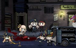  !? 1boy 6+girls :&lt; alley alternate_costume bag beret blonde_hair blood blood_trail blue_eyes boarded_door book brick_wall broken_bottle brown_eyes car chibi collared_shirt colt_revolver_(girls&#039;_frontline) commander_(girls&#039;_frontline) commentary crossover demon_horns detective diamond_(gemstone) drill_hair english_commentary english_text fence formal ghost girls&#039;_frontline green_eyes grey_hair gun hair_ornament handgun handprint hat heart highres holding hololive hololive_english horns korean_commentary lantern long_hair long_sleeves m1_garand m1_garand_(girls&#039;_frontline) m870_(girls&#039;_frontline) magnifying_glass motor_vehicle mp40_(girls&#039;_frontline) mp41_(girls&#039;_frontline) multiple_girls necktie night o_o oerba_yun_fang open_mouth outdoors plaid plaid_skirt police police_car police_hat police_uniform policewoman pump_action red_necktie remington_870 revolver rifle road saru_(style) satchel shirt short_hair shotgun skirt star_(symbol) street suit the_mad_mimic twintails uniform van victorian virtual_youtuber watson_amelia weapon wooden_fence 