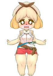  accessory animal_crossing anthro belt blush bottomwear bunnag canid canine canis clothed clothing digital_media_(artwork) domestic_dog embarrassed female fully_clothed fur headband hi_res isabelle_(animal_crossing) mammal nintendo open_mouth paws shaded shih_tzu shorts simple_background solo standing thick_thighs toy_dog wavy_mouth white_background yellow_body yellow_fur 