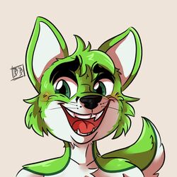  1:1 anthro black_nose blush bonybones canid canine digital_media_(artwork) eyebrows fidget_the_fox fox fur green_body green_eyes green_fur headshot_portrait icon looking_at_viewer male mammal portrait shading_eyes signature simple_background smile solo teeth teeth_showing tongue tongue_out whiskers white_body white_fur 