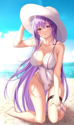  beach blue_sky breasts casual_one-piece_swimsuit cleavage cloud day english_commentary female full_body girls&#039;_frontline hand_on_headwear hand_up hat highleg highleg_swimsuit highres horizon large_breasts long_hair looking_at_viewer ocean official_alternate_costume one-piece_swimsuit outdoors purple_hair red_eyes sky solo sun_hat swimsuit tsukichan_(maynyan23) white_hat white_one-piece_swimsuit zb-26_(girls&#039;_frontline) zb-26_(nook_of_ephemeral_dreams)_(girls&#039;_frontline) 