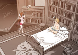  1boy aether_(genshin_impact) after_bathing amber_(genshin_impact) bed bed_sheet bedroom blonde_hair book book_stack bookshelf brown_hair chinese_commentary commentary_request female genshin_impact highres indoors pillow royboy stool straight 