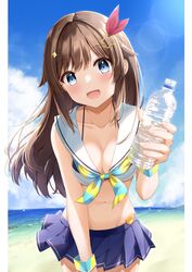  blue_eyes blush bottle breasts brown_hair cleavage collarbone cowboy_shot day diamond_hair_ornament female hair_flaps hair_ornament hair_ribbon hairclip highres hololive hozuka idol long_hair looking_at_viewer medium_breasts navel official_alternate_costume open_mouth outdoors red_ribbon ribbon smile solo star_(symbol) star_hair_ornament swimsuit tokino_sora tokino_sora_(hololive_summer_2019) virtual_youtuber water_bottle 