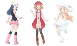  3girls bad_id bad_twitter_id black_socks black_thighhighs blush boots bracelet brown_footwear brown_thighhighs clenched_hands commentary_request dawn_(pokemon) dress hair_ornament hairclip hand_up hat highres jewelry kneehighs kouzuki_(reshika213) light_brown_hair lillie_(pokemon) long_hair looking_at_viewer multiple_girls open_mouth over-kneehighs pink_footwear pokemon pokemon_(anime) pokemon_dppt_(anime) pokemon_sm_(anime) pokemon_xy_(anime) serena_(pokemon) shoes smile socks thighhighs waving white_background white_dress white_headwear 