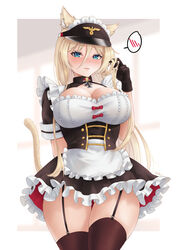  absurdres alternate_costume animal_ear_fluff animal_ears apron arm_behind_back azur_lane bismarck_(azur_lane) black_dress black_gloves black_thighhighs blonde_hair blue_eyes blurry blurry_background blush breasts cat_ears cat_tail cleavage closed_mouth collared_dress cowboy_shot cross dress english_commentary enmaided female frilled_apron frilled_dress frills garter_straps gloves hair_between_eyes highres iron_cross kemonomimi_mode large_breasts long_hair looking_at_viewer maid maid_apron maid_headdress playing_with_own_hair short_sleeves sidelocks skindentation solo speech_bubble spoken_blush standing tail thighhighs visor_cap white_apron white_background whitter 