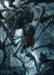  1other ambiguous_gender armor armored_boots bag black_cape boots cape chasm commentary crown english_commentary full_armor giant giant_monster giant_spider helge_c._balzer highres holding holding_bag horror_(theme) morgoth silmaril_(gem) the_silmarillion tolkien&#039;s_legendarium ungoliant 