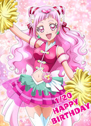  :d blush breasts commentary_request cone_hair_bun covered_nipples cowboy_shot crop_top cure_yell earrings female floating_hair flower hair_bun hair_flower hair_ornament hair_ribbon hanzou happy_birthday heart heart_hair_ornament heart_pouch highres hugtto!_precure jewelry layered_skirt lipstick long_hair looking_at_viewer makeup medium_breasts midriff miniskirt navel nono_hana open_mouth pink_eyes pink_flower pink_hair pink_skirt pleated_skirt pom_pom_(cheerleading) precure red_lips red_ribbon ribbon see-through skirt smile solo standing stomach thighhighs very_long_hair white_thighhighs 